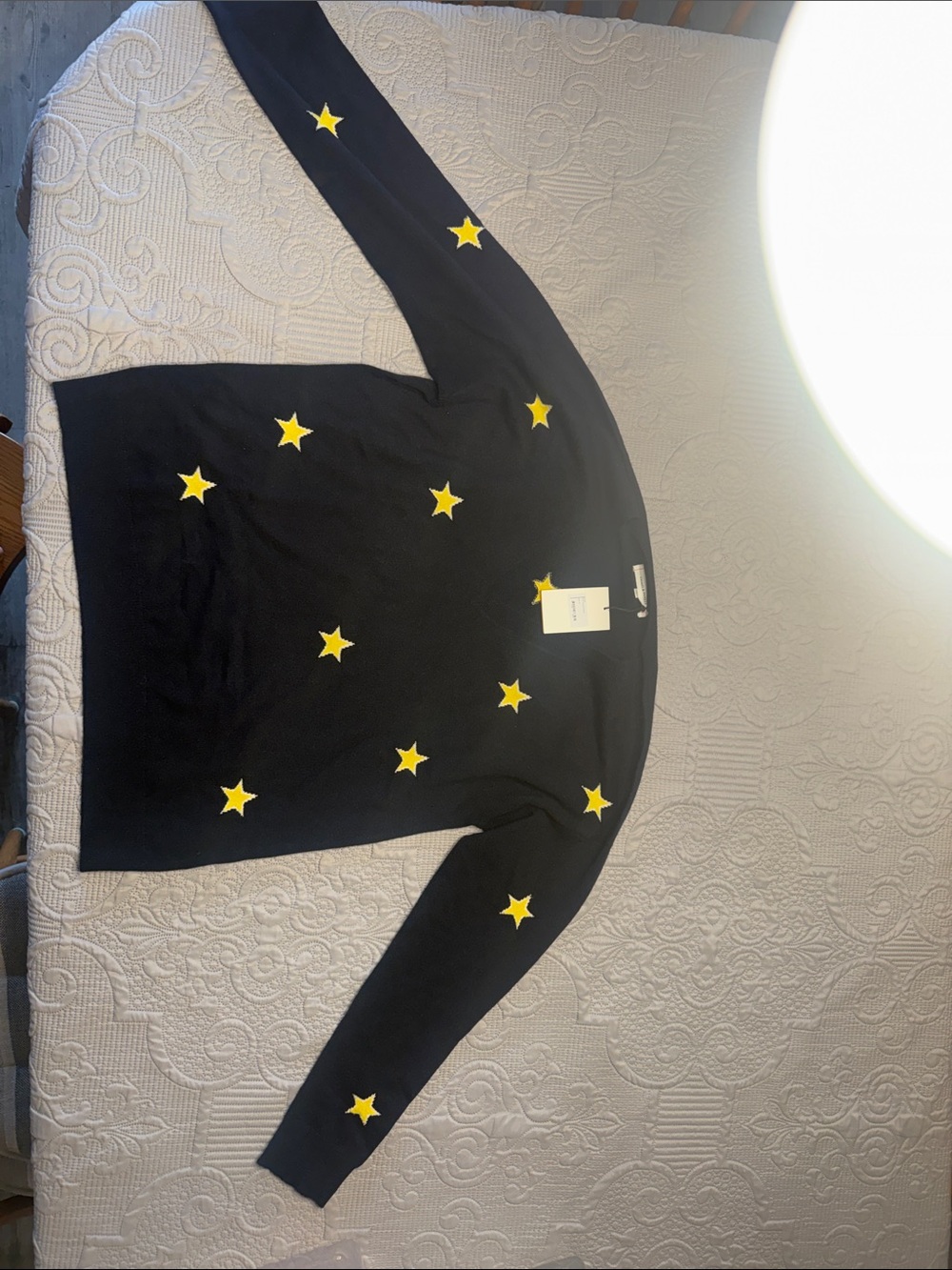 Chinti & Parker Navy V-Neck Wool/Cashmere Sweater with Yellow Star Accents